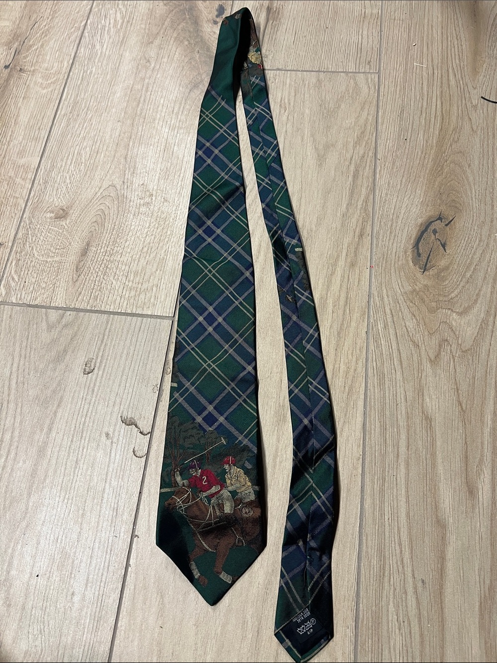 Dunhill Green and Navy Plaid Polo Player Silk Tie